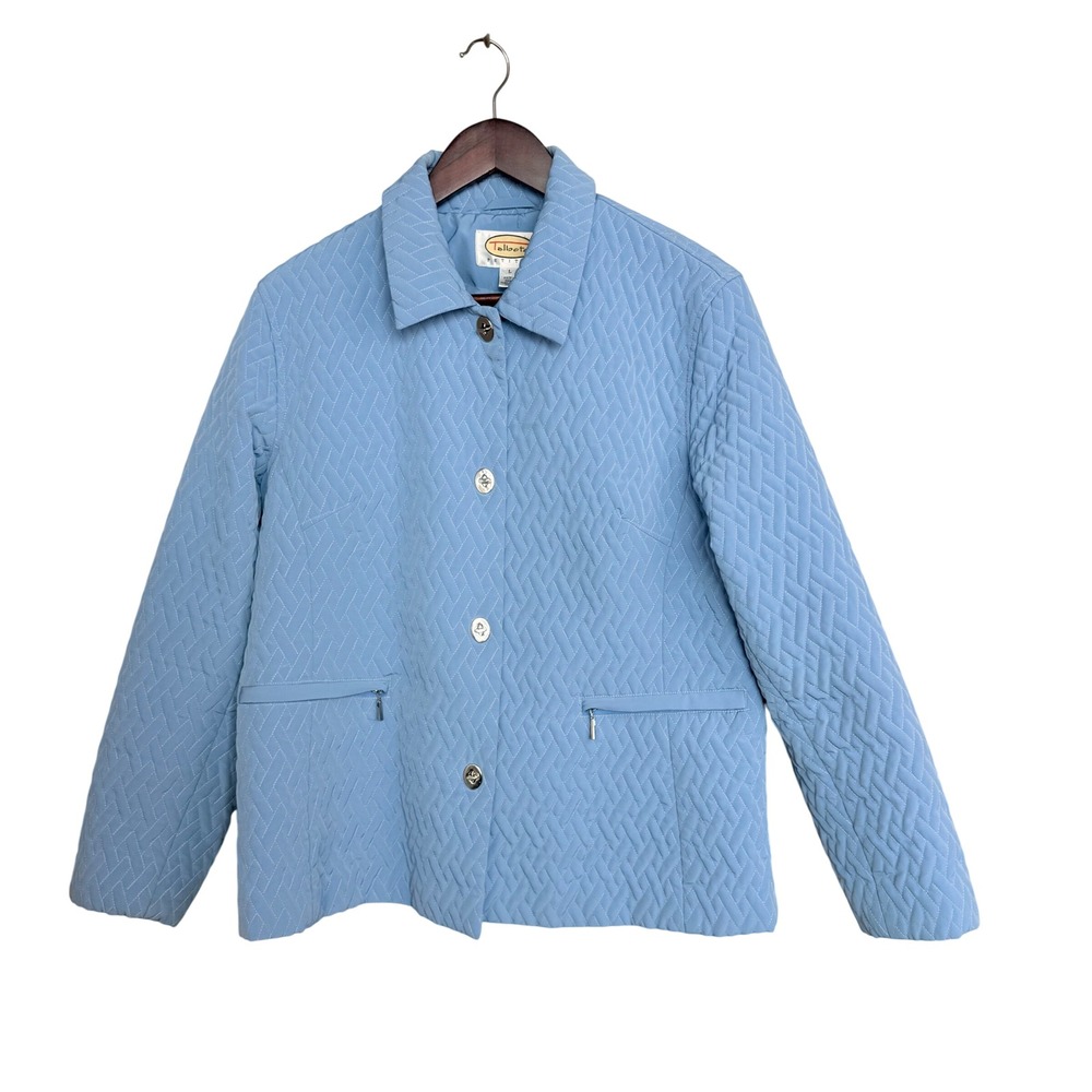 Talbots Petites Quilted Jacket Light Blue Textured Zip Pockets Size Large P L
